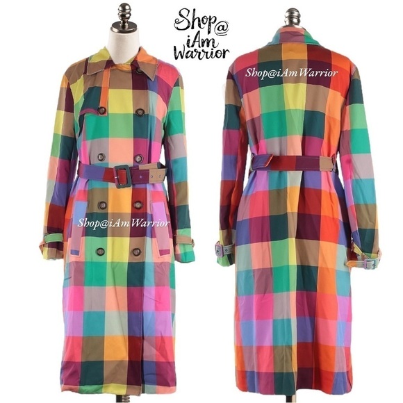Rainbow checkered NWT double breasted belted trench coat *shop@iamwarrior - Picture 8 of 16